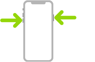 Ilustracja przestawiająca iPhone’a; strzałki wskazują przycisk boczny w prawej górnej części urządzenia oraz przycisk zmiany głośności w lewej górnej części urządzenia.