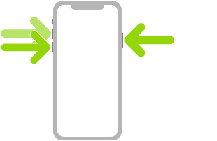 Ilustracja przestawiająca iPhone’a; strzałki wskazują przycisk boczny w prawej górnej części urządzenia oraz przyciski zwiększania i zmniejszania głośności w lewej górnej części urządzenia.
