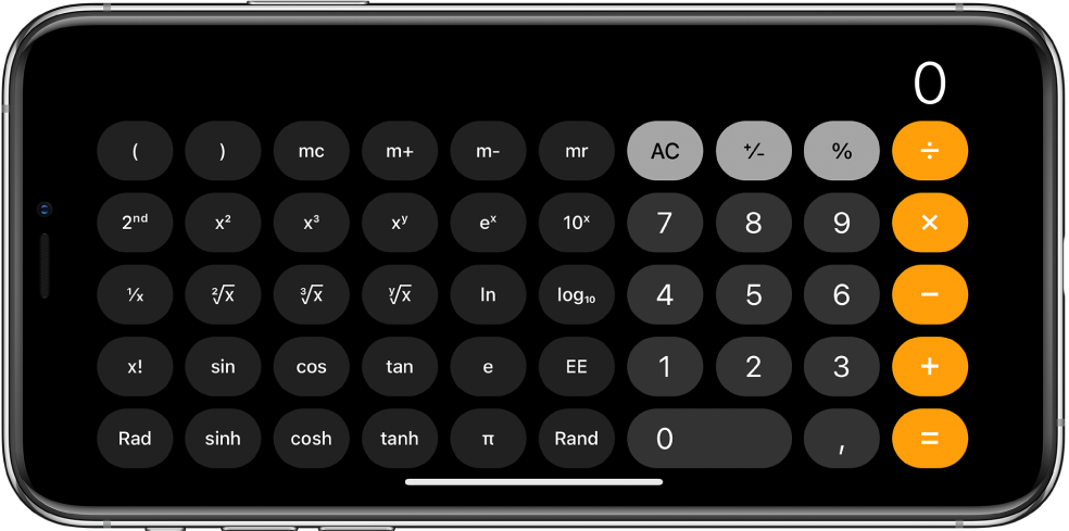 iPhone w orientacji poziomej pokazujący kalkulator naukowy służący do wykonywania obliczeń wykładniczych, logarytmicznych i trygonometrycznych.