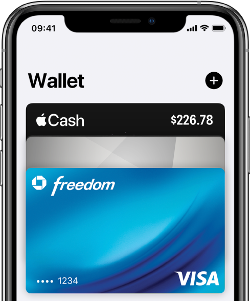 Górna połowa ekranu aplikacji Wallet z szeregiem kart kredytowych i debetowych. W prawym górnym rogu znajduje się przycisk dodawania.