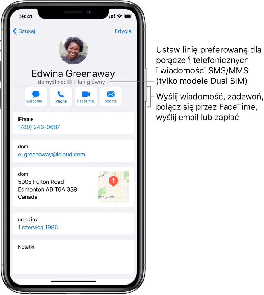 Ekran z danymi kontaktu. U góry wyświetlane jest zdjęcie i nazwa kontaktu. Poniżej znajdują się przyciski: wysyłania wiadomości, nawiązywania połączenia telefonicznego i FaceTime, wysyłania wiadomości email oraz wysyłania pieniędzy przez Apple Pay. Pod przyciskami znajdują się dane kontaktu.