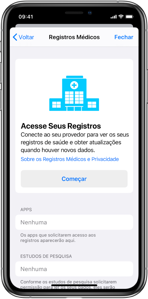 Tela Começar para configurar o download de registros de saúde.