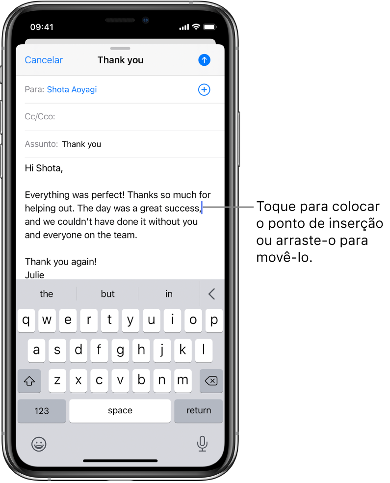 Um rascunho de e‑mail mostrando o ponto de inserção posicionado onde o texto será inserido.