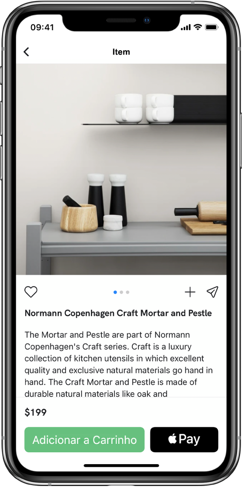 Um app mostrando uma tela de pagamento que inclui o botão “Comprar com Apple Pay”.