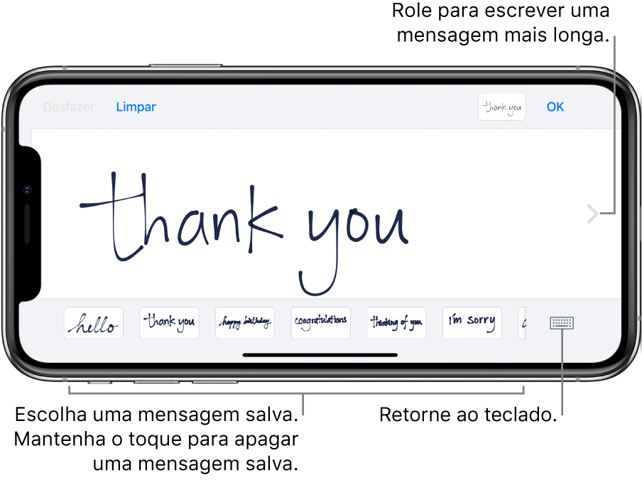 Tela de escrita à mão com uma mensagem manuscrita. Na parte inferior, da esquerda para a direita, estão as mensagens salvas e o botão Mostrar Teclado.