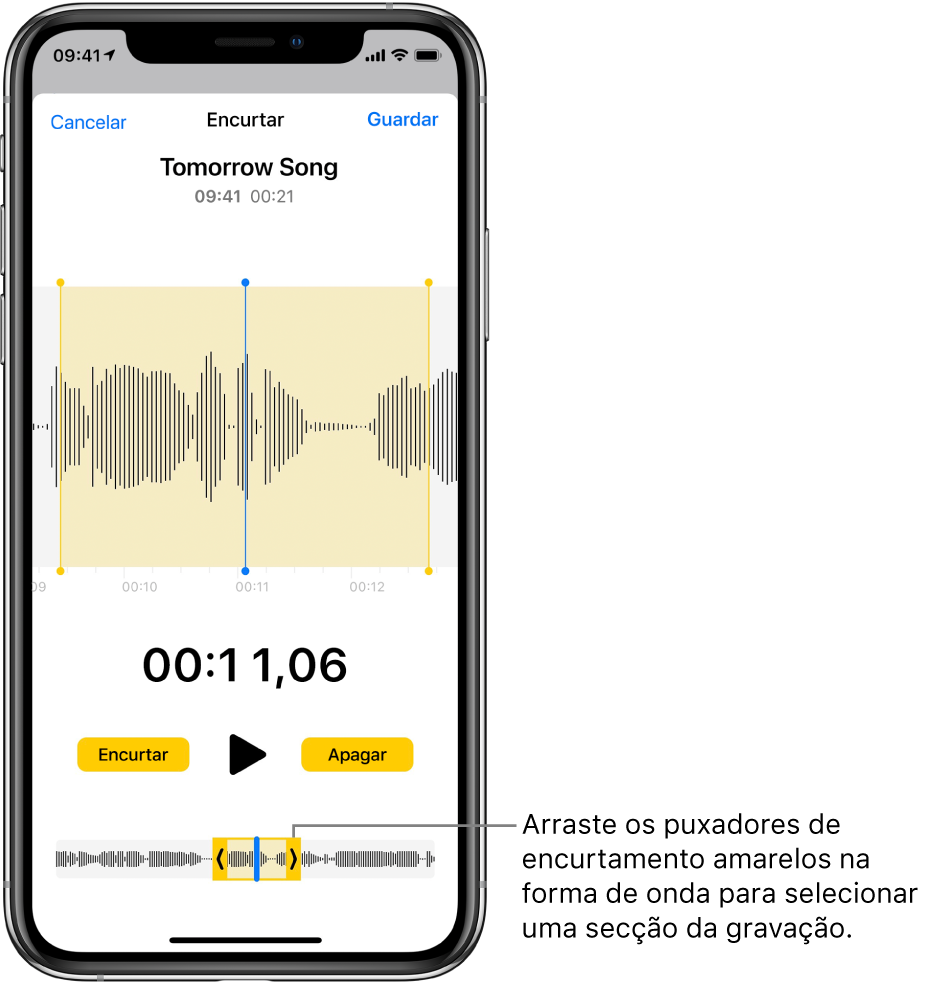Uma gravação a ser encurtada com os puxadores de encurtamento que abrangem uma parte da forma de onda de áudio na parte inferior do ecrã. O botão Reproduzir e um temporizador de gravação aparecem por cima da forma de onda. Os puxadores de encurtamento encontram‑se por baixo do botão Reproduzir. O botão Encurtar para apagar a parte da gravação fora dos puxadores e o botão Apagar para apagar a parte da gravação dentro dos puxadores, estão em cada um dos lados do botão Reproduzir.