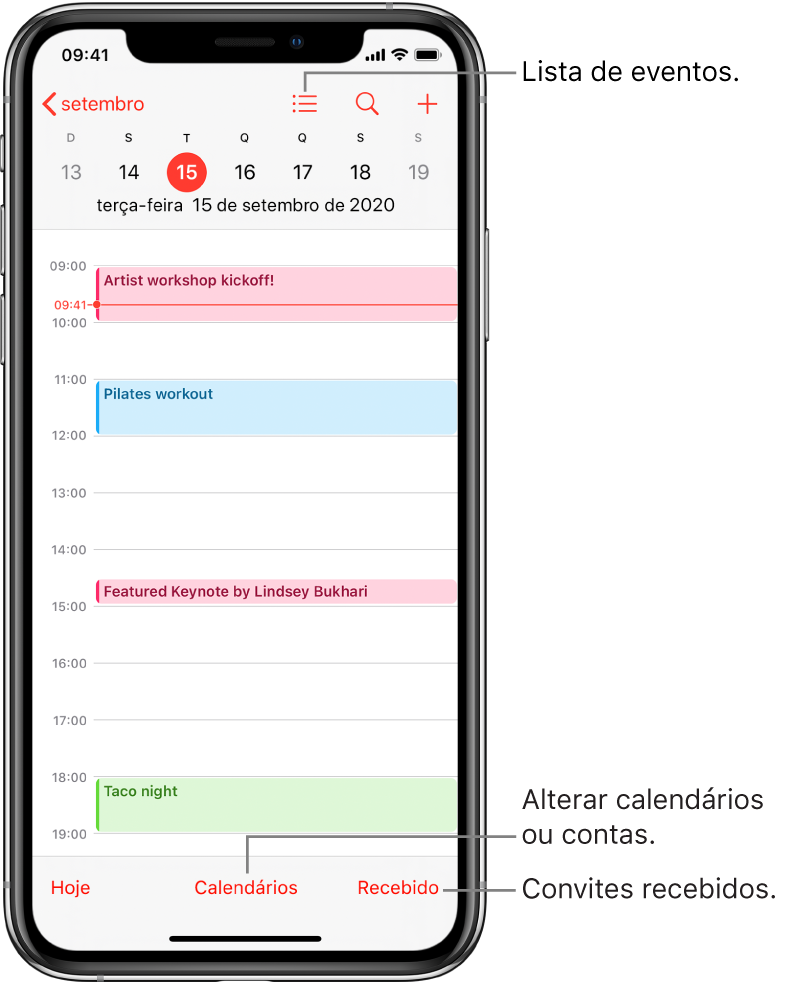 A vista diária de um calendário, com os eventos marcados para esse dia. Toque no botão Calendários na parte inferior do ecrã para mudar de calendário. Toque no botão Recebido (canto inferior direito) para ver os convites recebidos.
