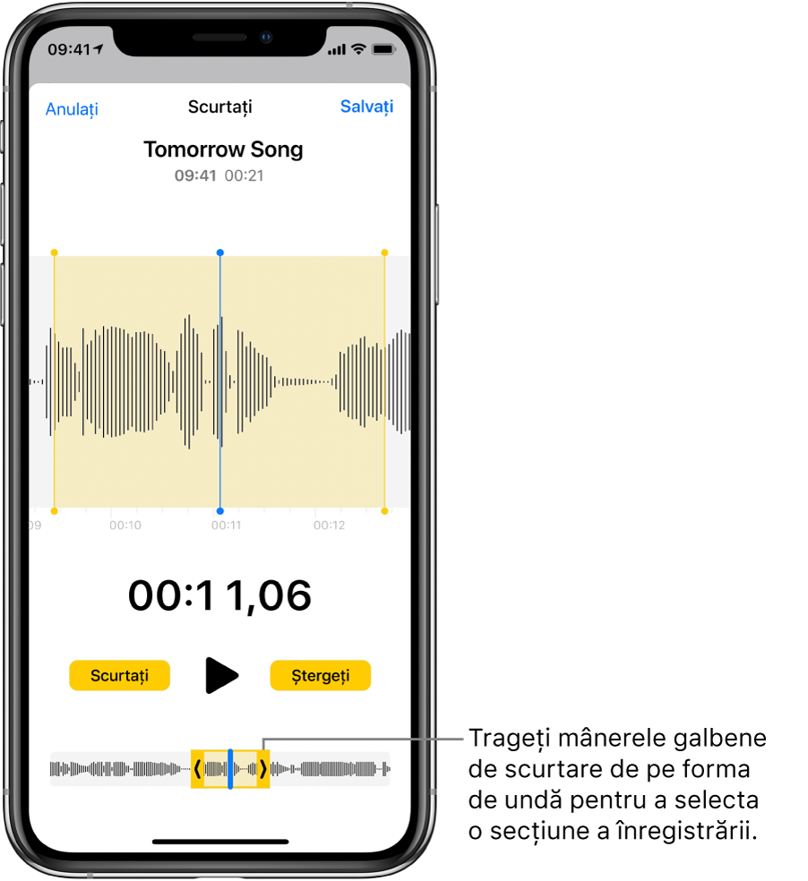 O înregistrare în curs de scurtare, cu mânerele de scurtare încadrând o porțiune a formei de undă audio în partea de jos a ecranului. Butonul Redați și temporizatorul de înregistrare apar deasupra formei de undă. Mânerele de scurtare se află sub butonul Redați. De o parte și de alta a butonului Redare se află butonul Scurtați pentru ștergerea părții de înregistrare aflată în afara mânerelor și butonul Ștergeți pentru ștergerea părții de înregistrare aflată în interiorul mânerelor.