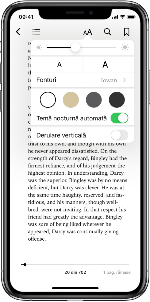 Meniul pentru aspect afișând comenzi, de sus în jos, pentru luminozitate, dimensiunea fontului, font, culoarea paginii, temă nocturnă automată și afișarea derulabilă.