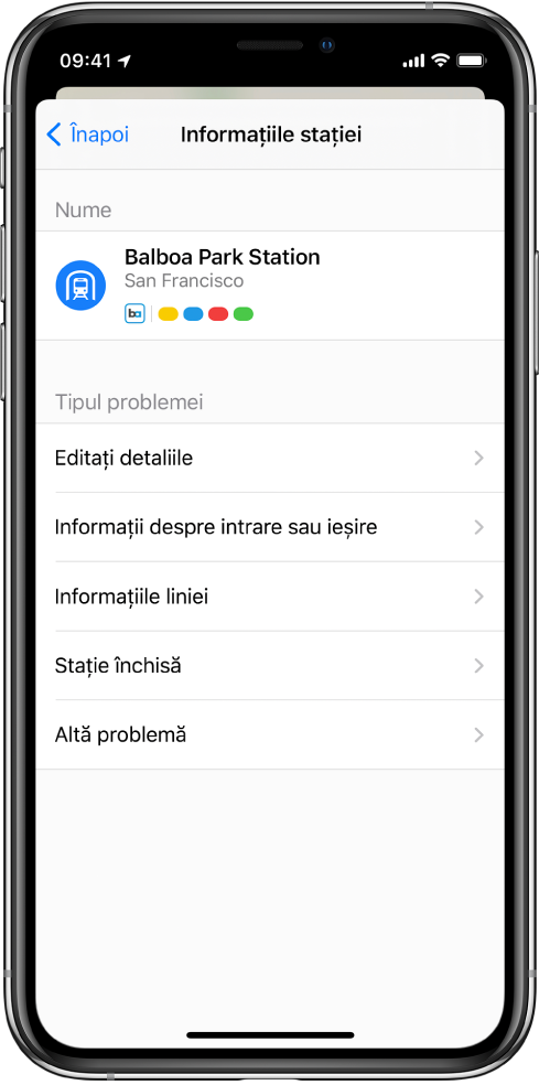 Ecranul pentru raportarea informațiilor incorecte ale unei stații de transport. Tipurile de probleme disponibile pentru a fi raportate sunt Editați detaliile locului, Informații despre intrare sau ieșire, Informații linie, Stație închisă și Altă problemă.