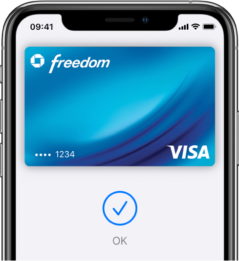 Un card de credit pe ecranul Wallet. Sub card se află o bifă și cuvântul “OK”.