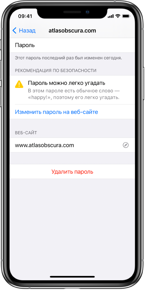 На экране учетной записи открыт раздел настроек «Пароли». Рекомендации по безопасности гласят: «Пароль можно легко угадать. В этом пароле есть обычное слово — "happy!", поэтому его легко угадать». Под рекомендациями по безопасности отображается кнопка «Изменить пароль на веб-сайте».