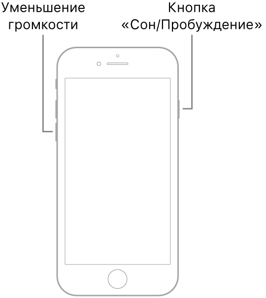Иллюстрация iPhone 7, расположенного экраном вперед. Кнопка уменьшения громкости расположена на левом боку устройства, а кнопка «Сон/Пробуждение» — на правом.