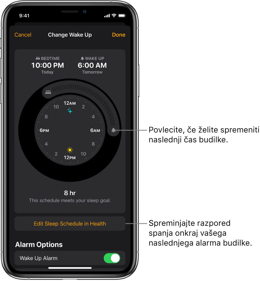 Zaslon za spremembo jutrišnjega alarma za bujenje z gumbi za spremembo časa za spanje in bujenje, gumbom za spremembo urnika spanja v aplikaciji Health in gumb za vklop ali izklop alarma za bujenje.