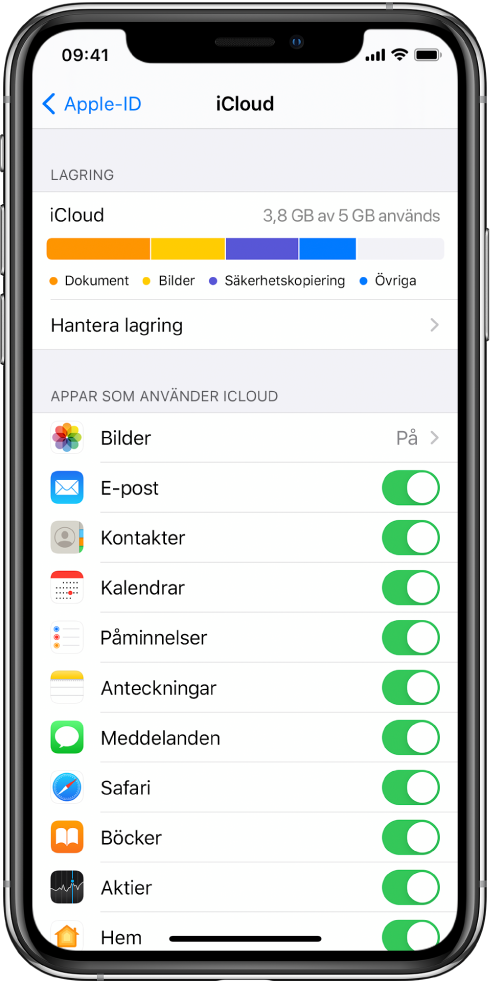iCloud-inställningsskärmen med mätaren för lagringsutrymmet i iCloud och en lista över appar och funktioner som Mail, Kontakter och Meddelanden som kan användas med iCloud.