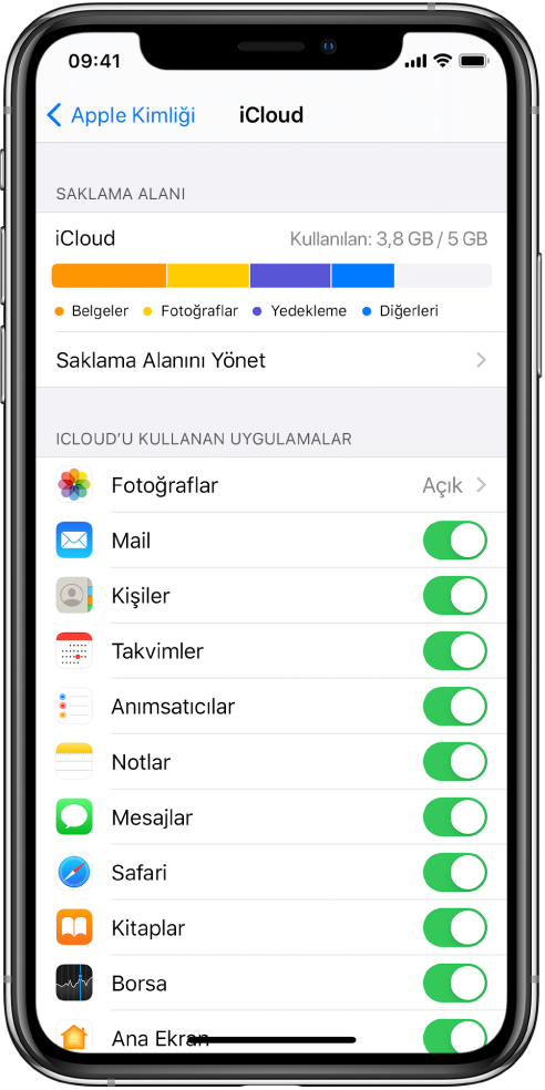 iCloud saklama alanı göstergesinin ve Mail, Kişiler ve Mesajlar da dahil olmak üzere iCloud ile kullanılabilecek uygulamaların ve özelliklerin bir listesinin gösterildiği iCloud ayarları ekranı.