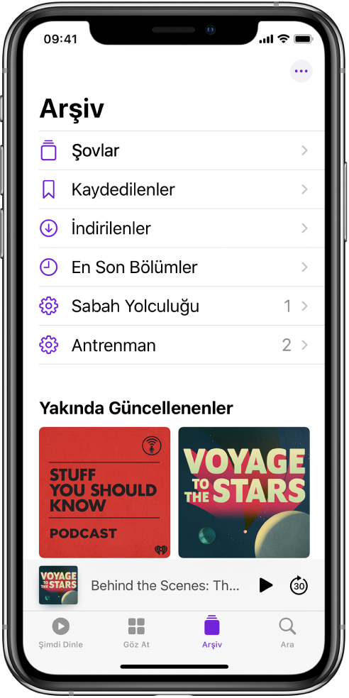 Son takip edilen şovları gösteren Arşiv sekmesi.
