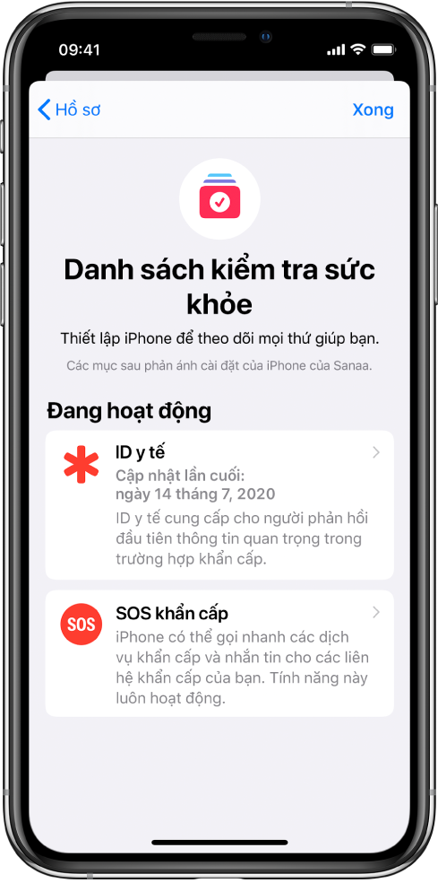 Màn hình Danh sách kiểm tra sức khỏe đang cho biết rằng ID y tế và SOS khẩn cấp đang hoạt động.