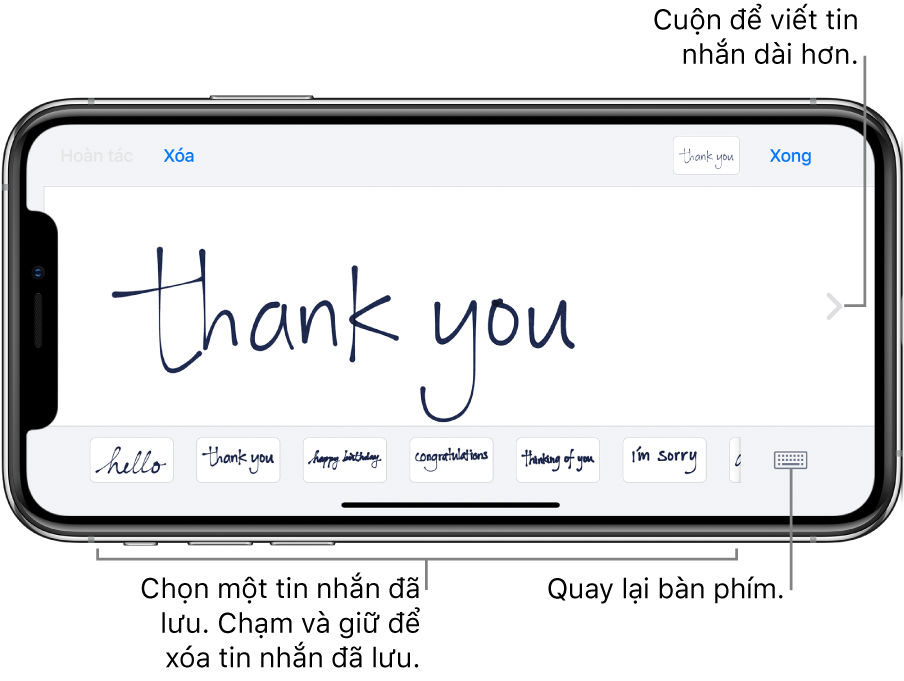 Màn hình viết tay với một tin nhắn viết tay. Dọc theo cạnh dưới, từ trái sang phải, là các tin nhắn đã lưu và nút Hiển thị bàn phím.