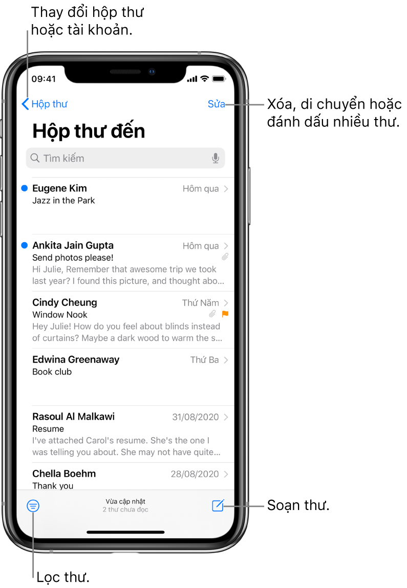 Hộp thư đến, đang hiển thị danh sách các email. Nút Hộp thư để chuyển đổi sang một hộp thư khác nằm ở góc trên cùng bên trái. Nút Sửa để xóa, di chuyển hoặc đánh dấu các email nằm ở góc trên cùng bên phải. Nút để lọc các email để chỉ hiển thị những loại email nhất định nằm ở góc dưới cùng bên trái. Nút soạn email mới nằm ở góc dưới cùng bên phải