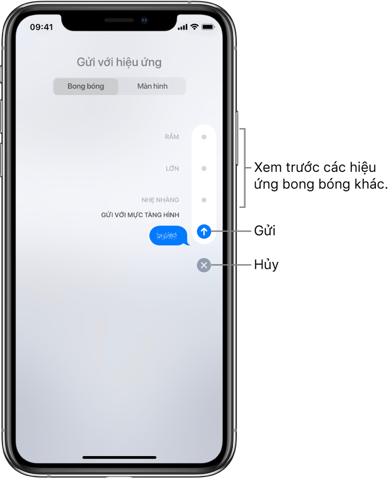 Bản xem trước tin nhắn với hiệu ứng mực tàng hình. Dọc theo bên phải, chạm vào một điều khiển để xem trước các hiệu ứng bong bóng khác. Chạm lại vào cùng điều khiển đó để gửi hoặc chạm vào nút Hủy bên dưới để quay lại tin nhắn của bạn.
