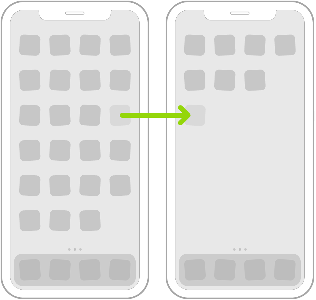 主畫面上擺動的 App,以及一個顯示 App 圖像被拖動到下一頁的箭嘴。