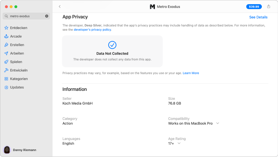 Ein Bereich der Mac App Store-Hauptseite mit der Datenschutzrichtlinie des Entwicklers einer ausgewählten App: Verwendete Daten für das Tracking, personenbezogene Daten und nicht personenbezogene Daten.