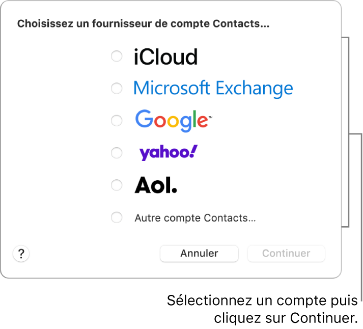 La liste des types de comptes Internet que vous pouvez ajouter à l’app Contacts : iCloud, Exchange, Google, Yahoo, AOL et « Autre compte Contacts ».