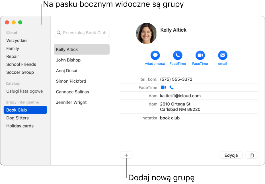 Okno Kontaktów zawierające pasek boczny z grupami, takimi jak Drużyna kolarska; na dole wizytówki znajduje się przycisk pozwalający na dodanie nowej grupy.