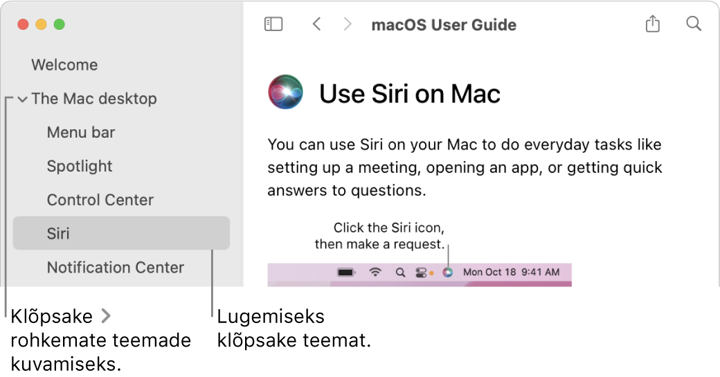 Help Vieweris näidatakse, kuidas vaadata küljeribal teemasid ning kuvada teema sisu.