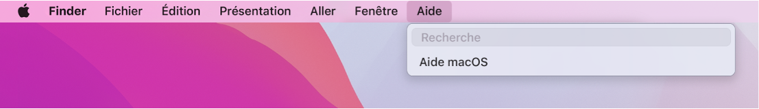 Un bureau partiel avec un menu Aide ouvert, affichant les options de menu pour Recherche et Aide macOS.