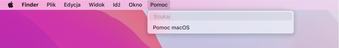 Częściowy widok biurka z rozwiniętym menu Pomoc i opcje menu Szukaj oraz menu Pomoc macOS.