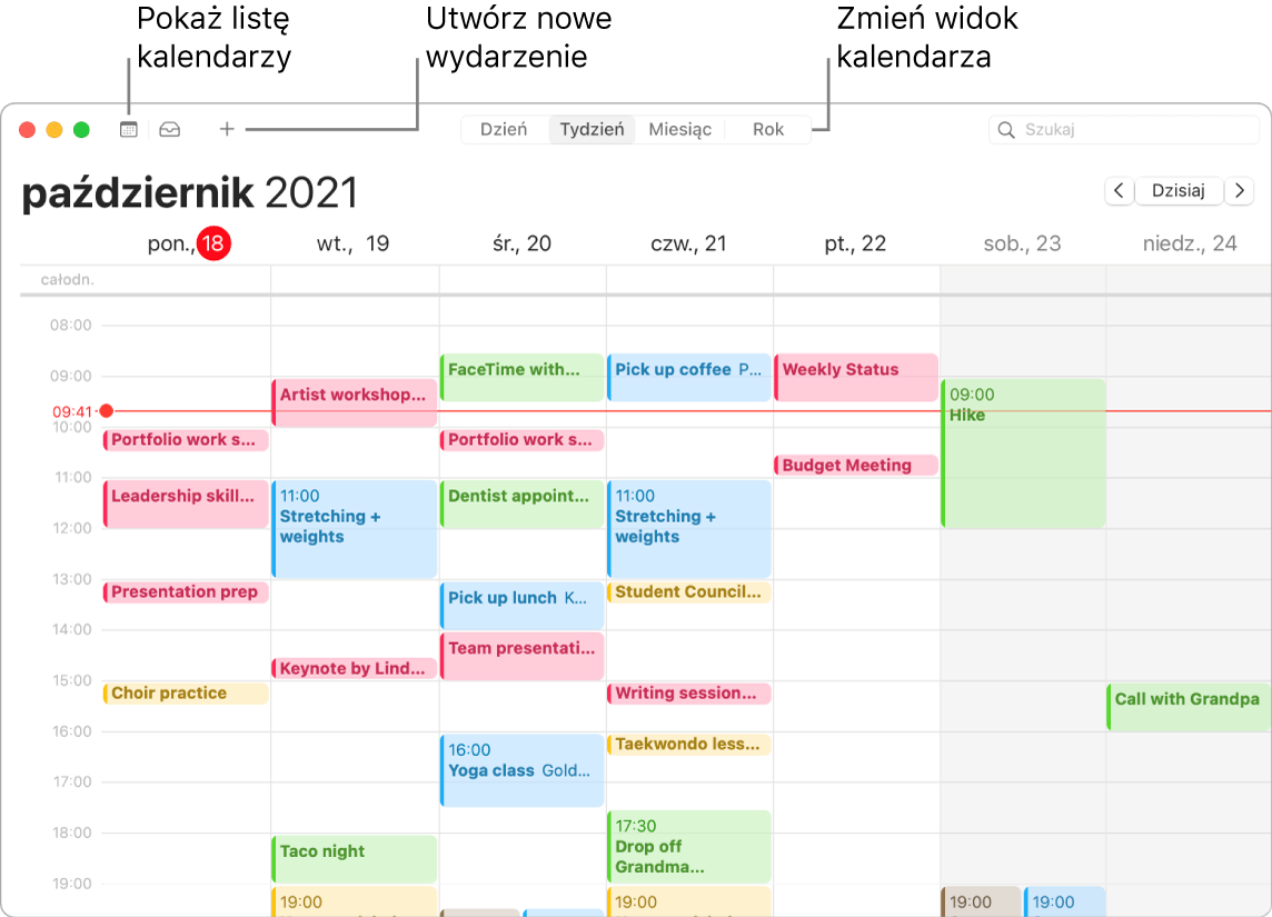 Okno Kalendarza pokazujące sposób tworzenia wydarzenia, wyświetlania listy kalendarzy oraz wybierania widoku dnia, tygodnia, miesiąca lub roku.