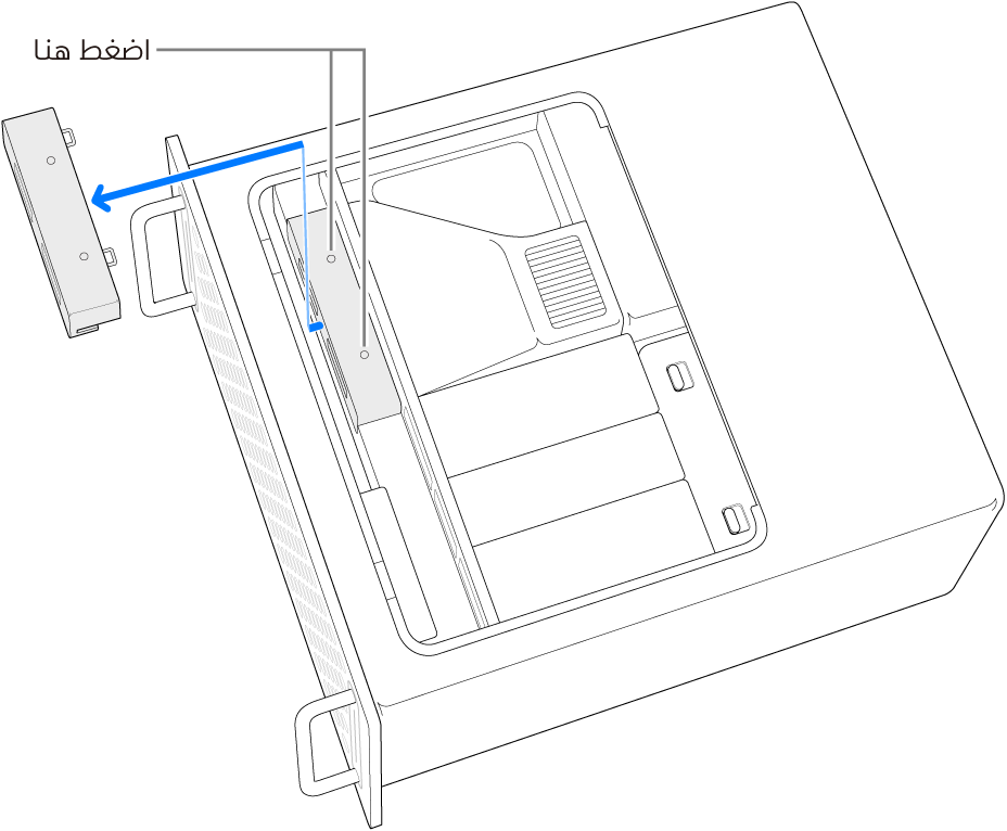 كمبيوتر Mac Pro موضوع على جانبه، مع توضيح المكان الذي يتم الضغط عليه لإزالة غطاء SSD.