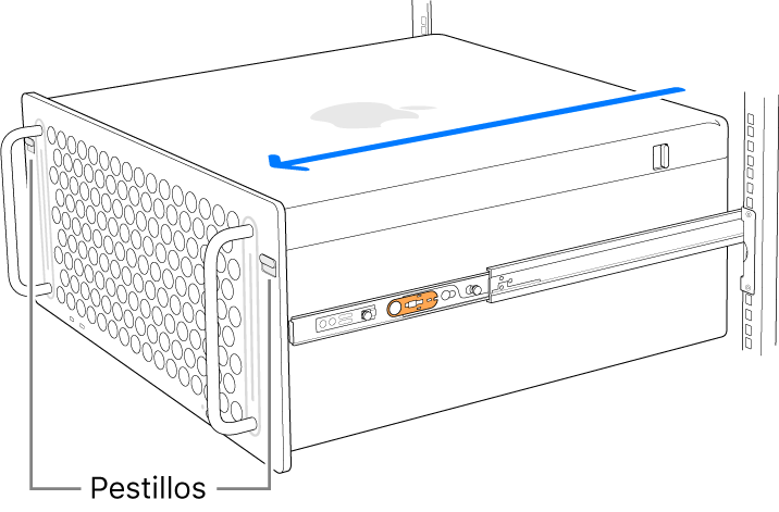 Mac Pro sujetado por rieles montados en un rack.