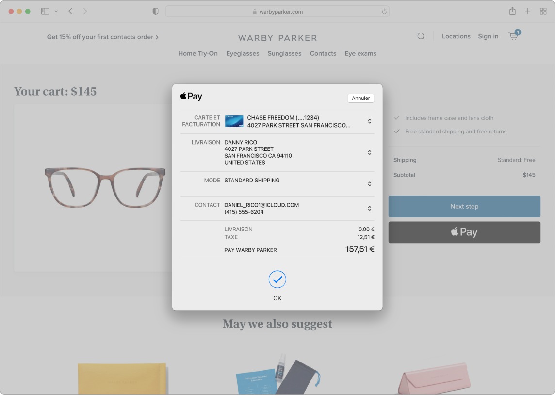Écran d’un Mac affichant un achat en ligne en cours utilisant l’option Apple Pay dans Safari.