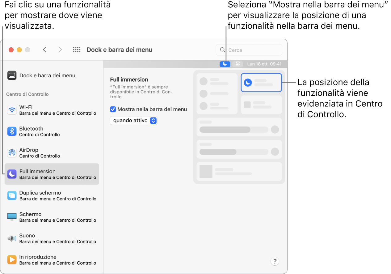 La finestra delle preferenze Dock e della barra dei menu.