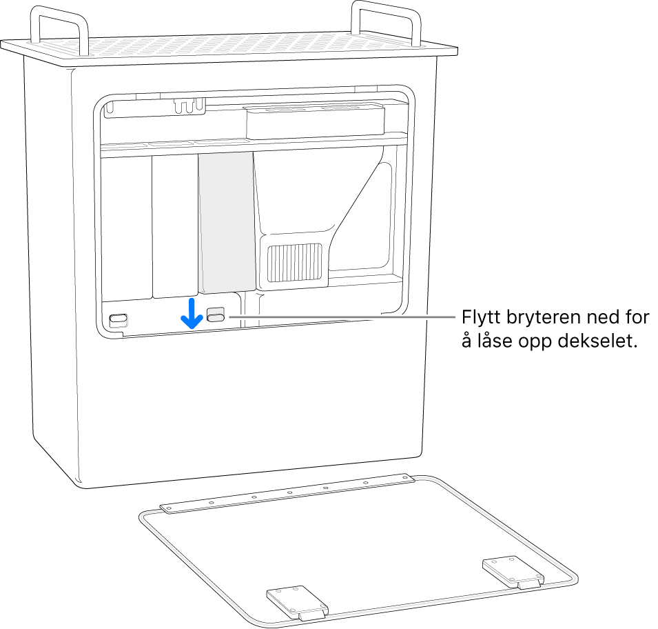 Mac Pro står med baksiden ned og bryteren som låser opp DIMM-dekselet er fremhevet.