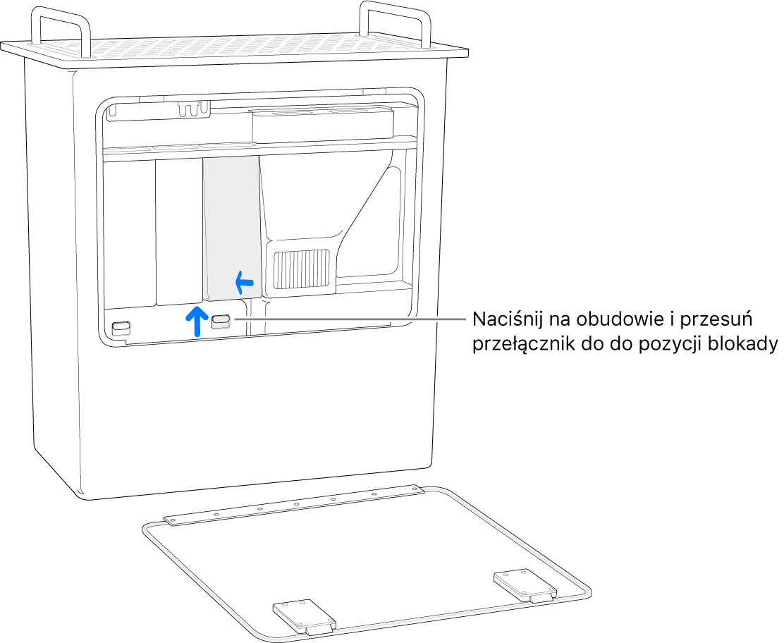 Mac Pro stojący na tylnej ścianie, pokazujący jak przesunąć przełącznik DIMM do pozycji zablokowanej.