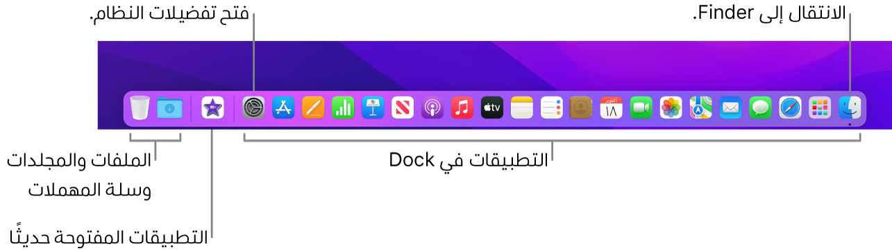 الـ Dock تعرض تطبيق Finder، وتفضيلات النظام، والخط الذي يفصل بين التطبيقات وبين الملفات والمجلدات في الـ Dock.