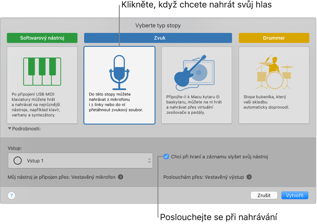 Panel nástrojů GarageBandu s popisky ukazujícími, kam je třeba kliknout, chcete‑li nahrávat hlas nebo zapnout odposlech při nahrávání