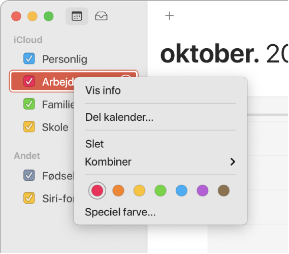 Genvejsmenu til Kalender med muligheder til tilpasning af en kalenders farve.