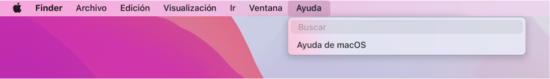 Parte de un escritorio con el menú Ayuda abierto, mostrando las opciones del menú Buscar y Ayuda de macOS.