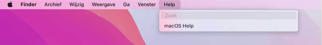 Een gedeelte van een bureaublad waarop het Help-menu is geopend, met de opties 'Zoek' en 'macOS Help'.