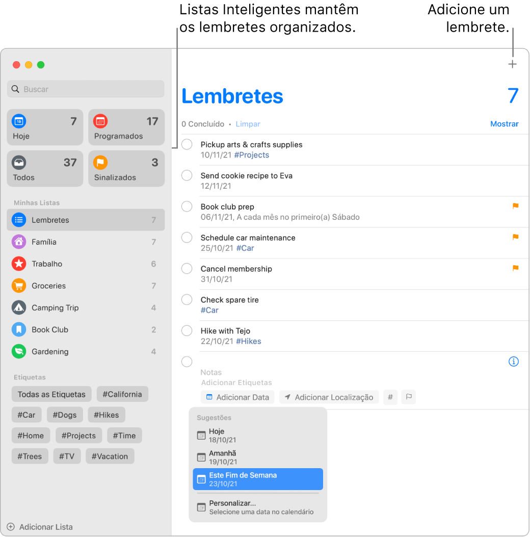 Janela do Lembretes com listas inteligentes à esquerda e outros lembretes e listas abaixo. Uma janela pequena no menu de Sugestões está aberta, com sugestões para Hoje, Amanhã, Este Fim de Semana e Personalizado.