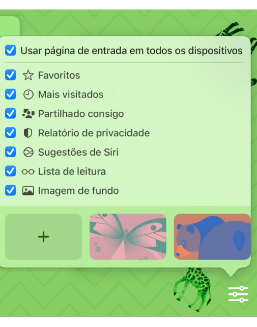 O menu pop-up “Personalizar o Safari” com as opções Favoritos, Mais visitados, Relatório de privacidade, Sugestões de Siri, Lista de leitura e Imagem de fundo.
