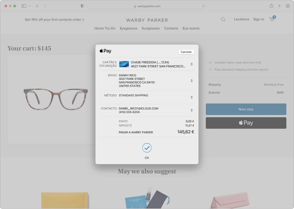Um ecrã de um Mac a mostrar uma compra online a ser efetuada através da opção “Apple Pay” no Safari.