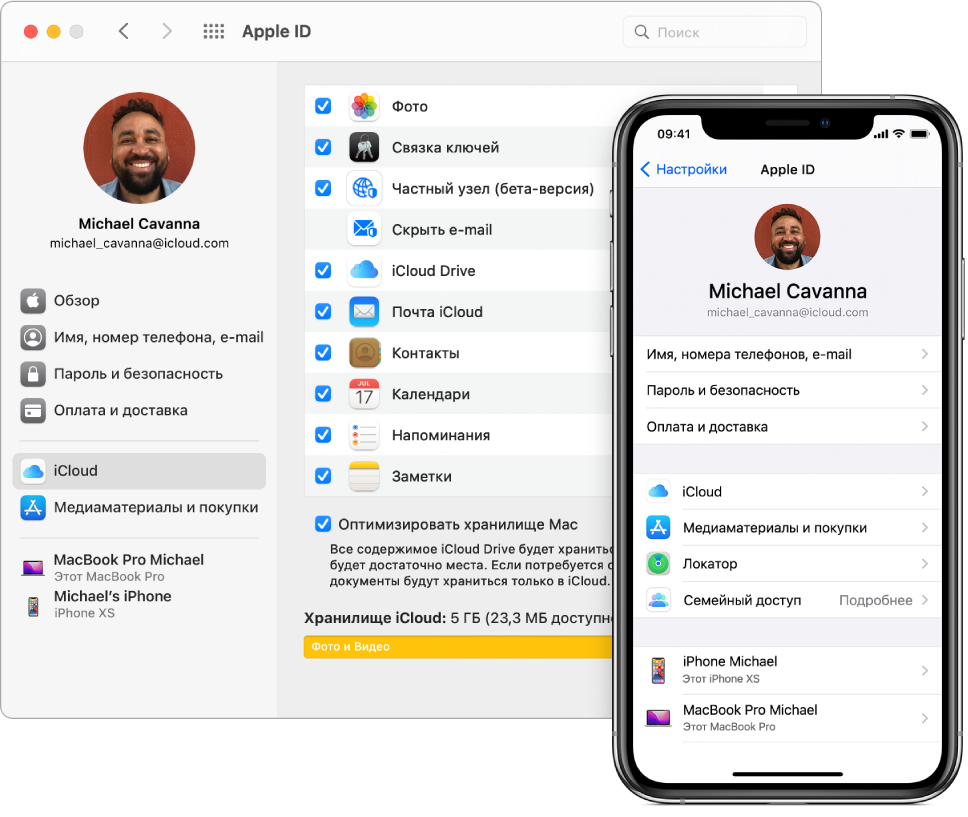 Настройки iCloud на iPhone и окно iCloud на Mac.