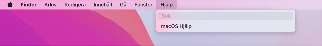 En del av skrivbordet med en öppen Hjälp-meny som visar menyalternativ för sökning och macOS Hjälp.