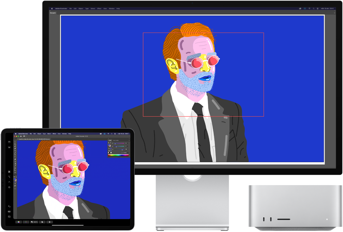 En Mac Studio och en iPad sida vid sida. Mac Studio visar konst i navigatorfönstret i Illustrator. iPad visar samma konst i dokumentfönstret med verktygsfält runtom i Illustrator.
